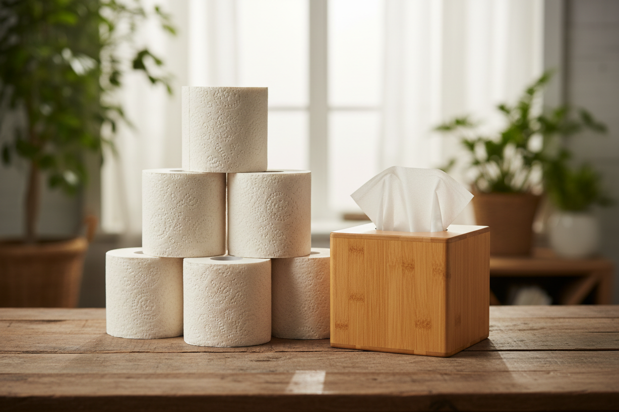 To create a high-quality, professional hero image for your Eco-Wipe brand, you can use the prompt below. This is designed to work with advanced AI image generators (like Midjourney, DALL-E 3, or Adobe Firefly).

The Primary Prompt (16:9 Aspect Ratio)
"Professional commercial product photography of sustainable bamboo tissue paper products. In the foreground, a stack of natural, unbleached bamboo toilet rolls and a premium minimalist bamboo wood tissue box dispenser sitting on a rustic, weathered wooden table